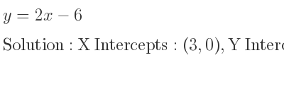 The y=2x-6 is X Intercepts: (3,0),Y Intercepts: (0,-6)